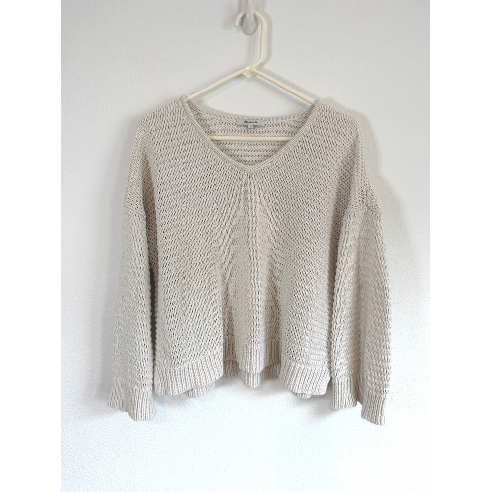 Madewell Womens V-Neck Open Knit Pullover Sweater Cream Beige Size M
